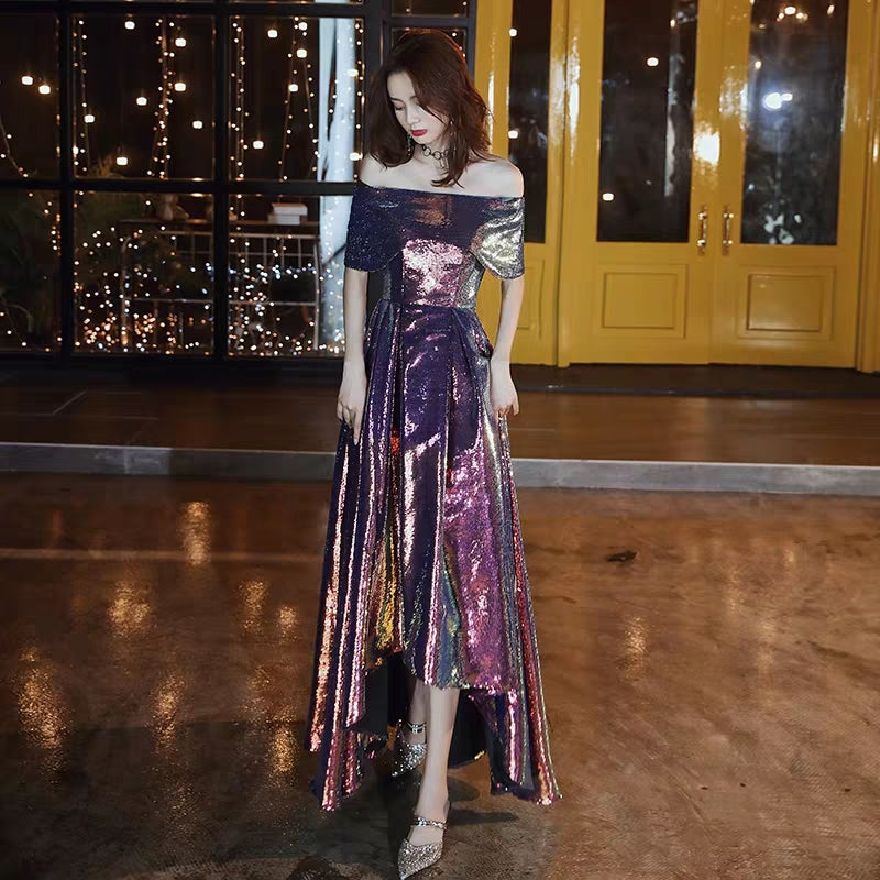 Banquet evening dress new autumn and winter high quality one word shoulder long paragraph sequins host dress skirt female