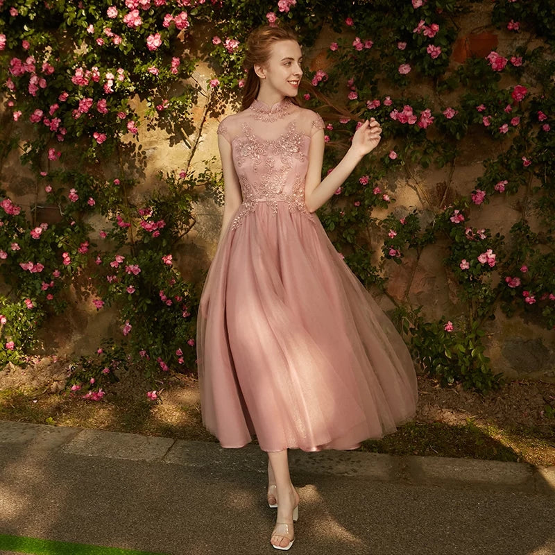 Bridesmaid dress women new winter pink mid-length evening dress banquet sisters group fairy temperament is particularly thin
