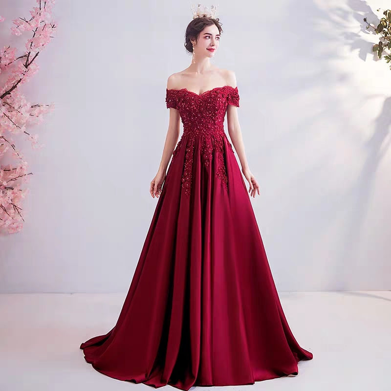 Wedding dress crystal diamond flower wine red bride wedding toast clothing wedding thank you feast wedding evening dress 2381