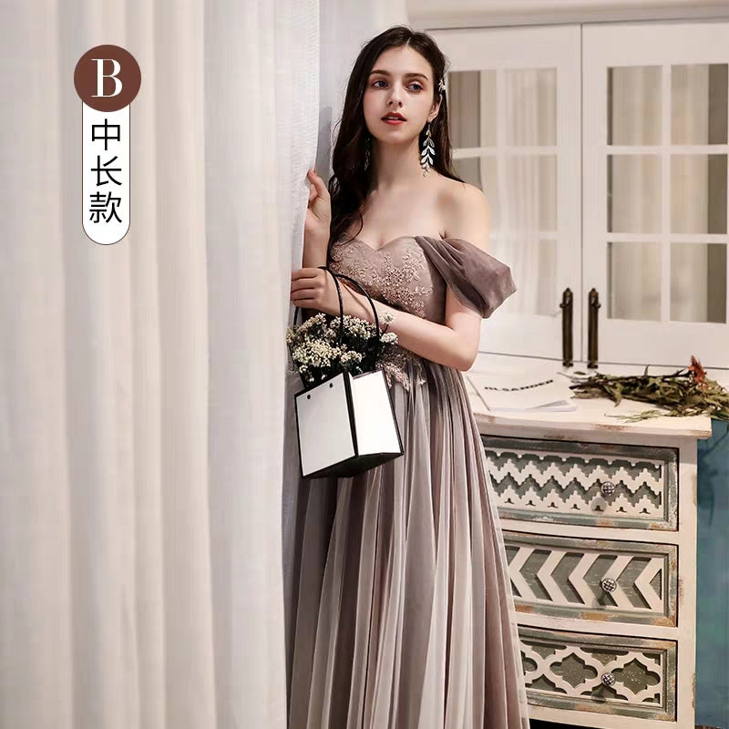 Bridesmaid dress female autumn and winter long-sleeved sister group coffee color evening dress 2019 new temperament long banquet dress
