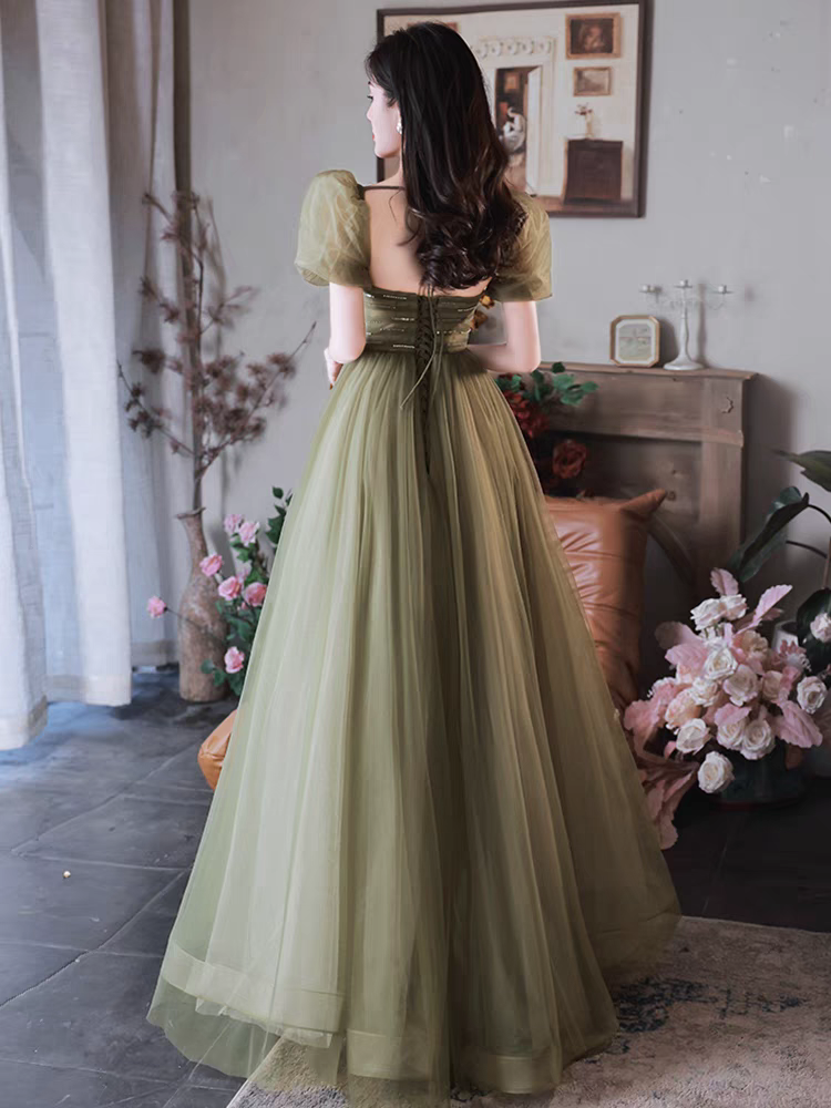 EG-SALE-AME-00181 Forest style evening dress for women light luxury high-end fairytale aesthetic olive green tone, puff sleeves, and flowing tulle skirt