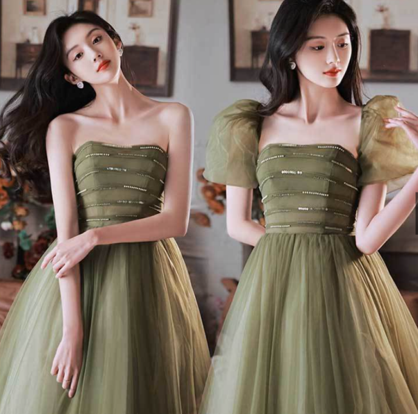EG-SALE-AME-00181 Forest style evening dress for women light luxury high-end fairytale aesthetic olive green tone, puff sleeves, and flowing tulle skirt