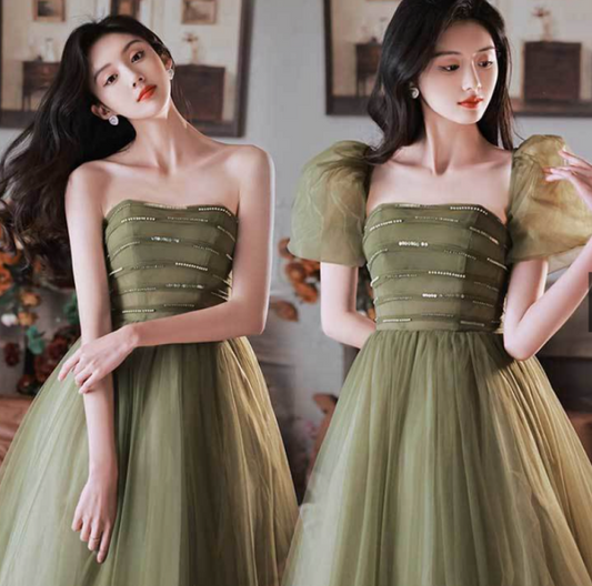 EG-SALE-AME-00181 Forest style evening dress for women light luxury high-end fairytale aesthetic olive green tone, puff sleeves, and flowing tulle skirt