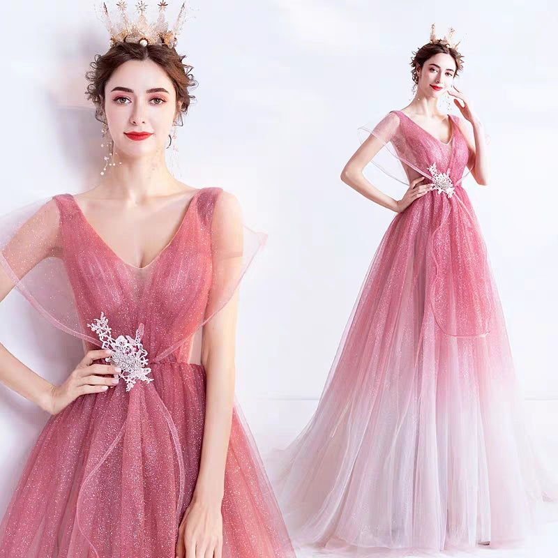 Wedding Gown Fairy-hearted Pink Gradient Starry Skirt Bride Wedding Banquet Annual Party Evening Dress 168