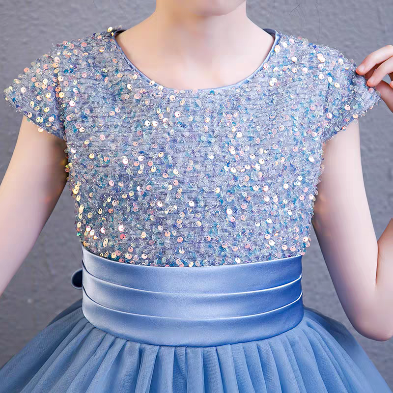 Blue sequined tulle dress with sash for girls. Party or special occasion dress.