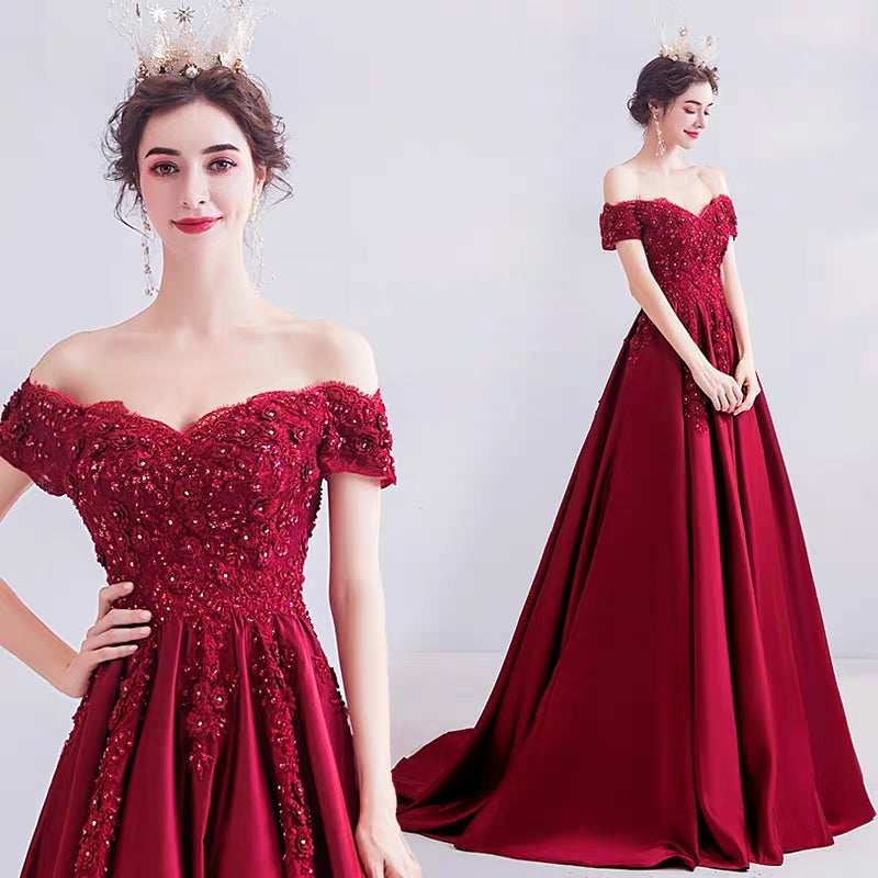 Wedding dress crystal diamond flower wine red bride wedding toast clothing wedding thank you feast wedding evening dress 2381