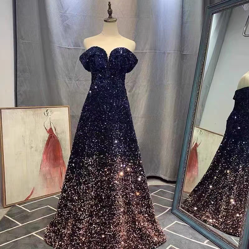 EG-SALE-AME-00200 OFF-shoulder sequined evening dress high-end banquet host , exam annual meeting light luxury