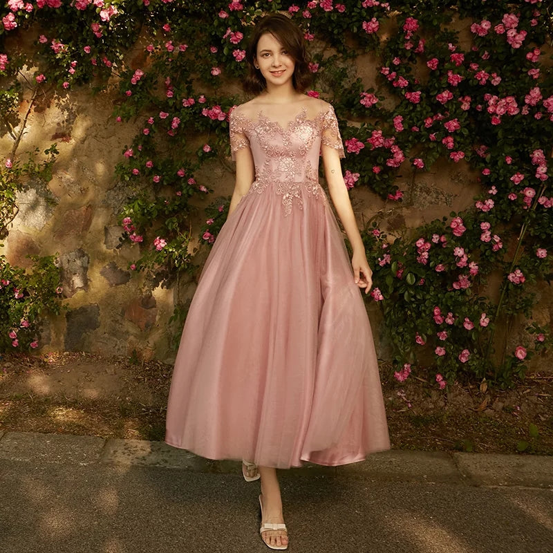 Bridesmaid dress women new winter pink mid-length evening dress banquet sisters group fairy temperament is particularly thin
