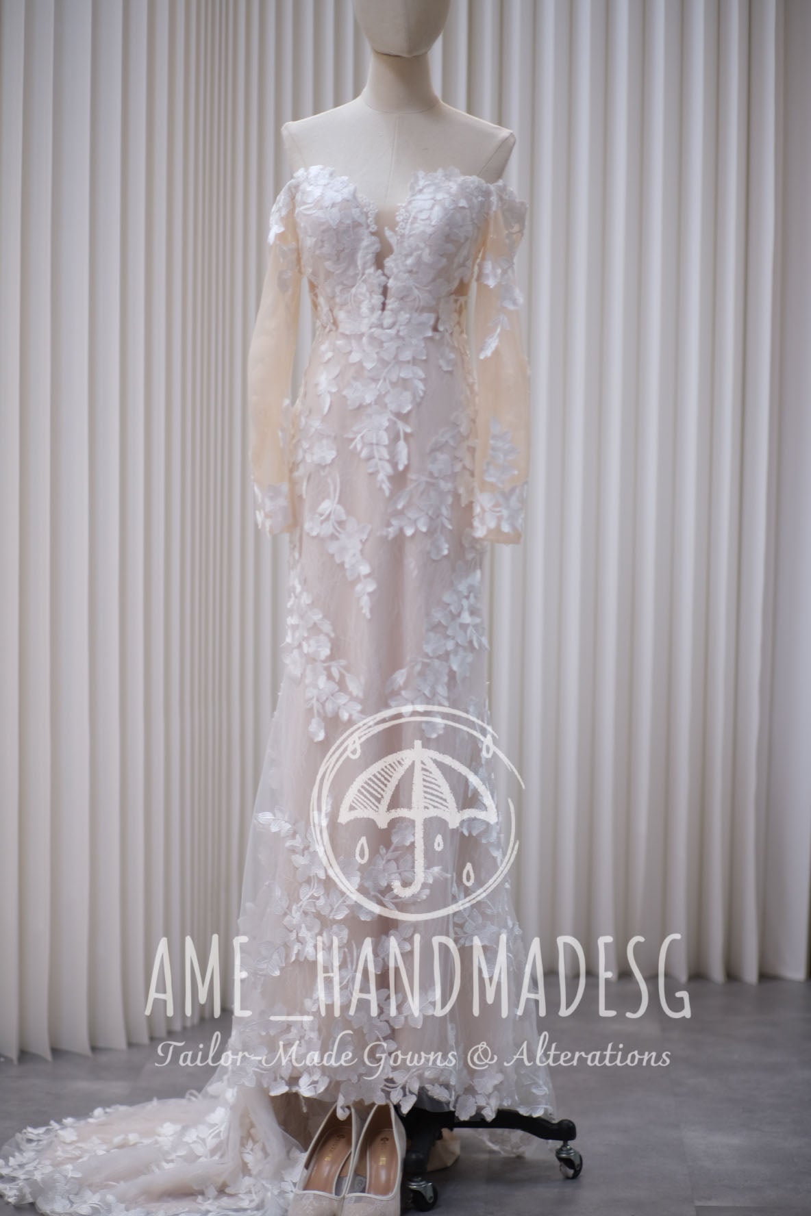 BG-WED-AME-10020 WEDDING GOWN PREMIUM FABRIC FULL APLIQUE LACE SIZE M BUST 84-86 WAIST 68-70