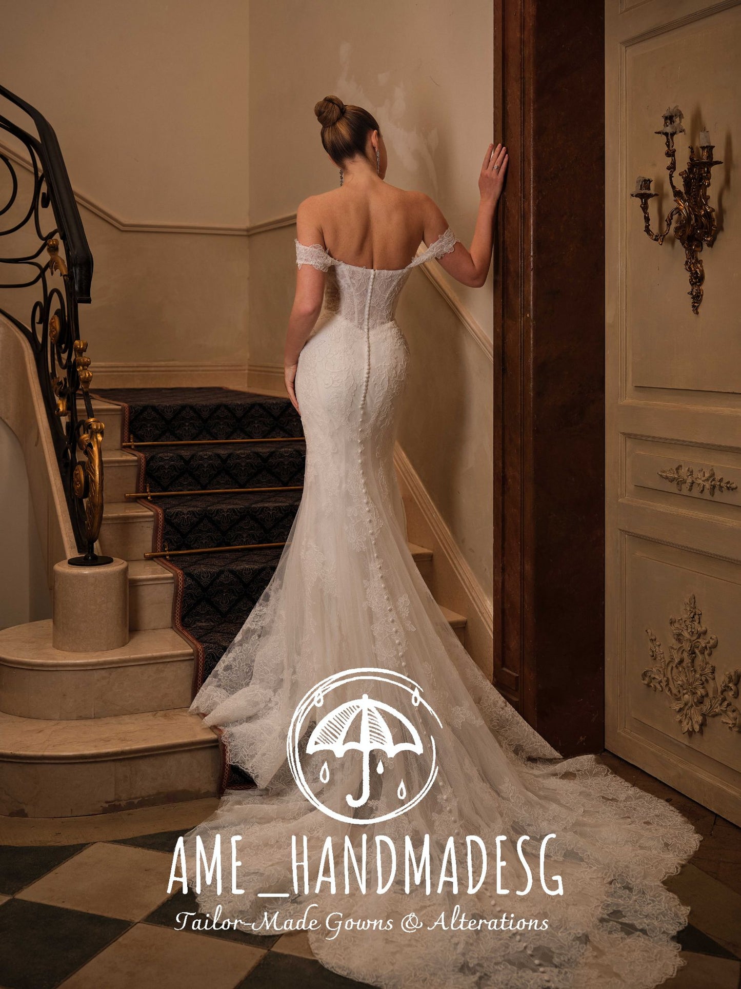 Timeless Allure — Off-Shoulder Lace Mermaid Gown with Signature Button Back