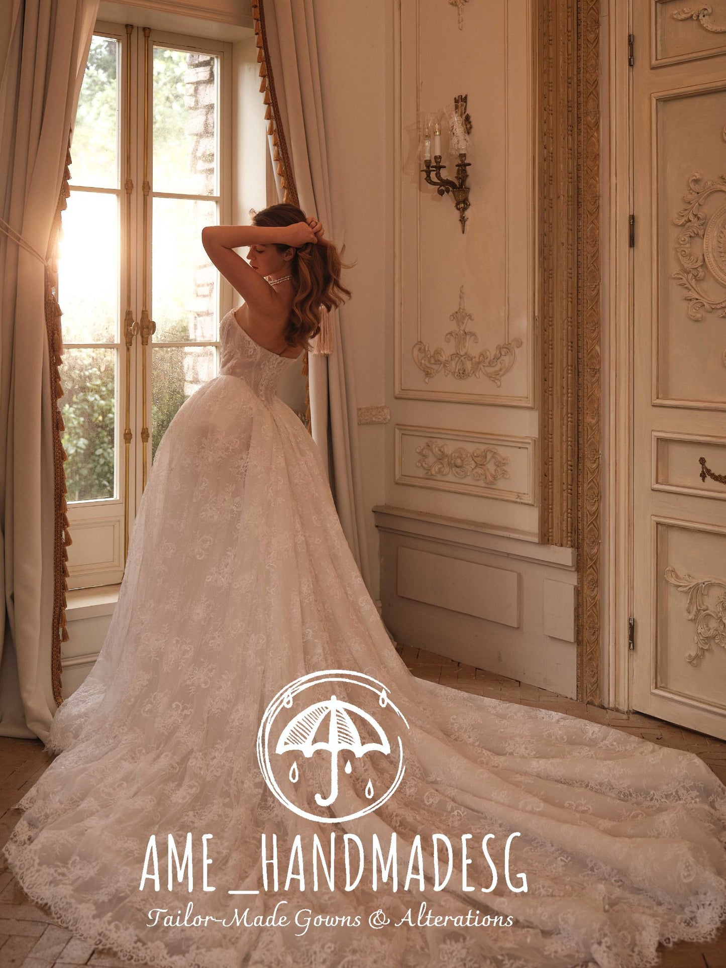 Ethereal Lumière: A Timeless Lace Ball Gown with Cathedral Train