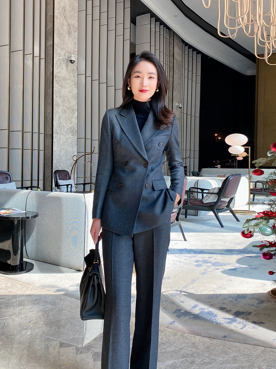 Women's Dark Gray Woolen Suit Jacket and Trousers