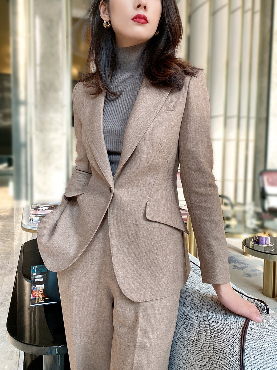 Winter Woolen Oat Coffee Women's Suit Set Loose Pants