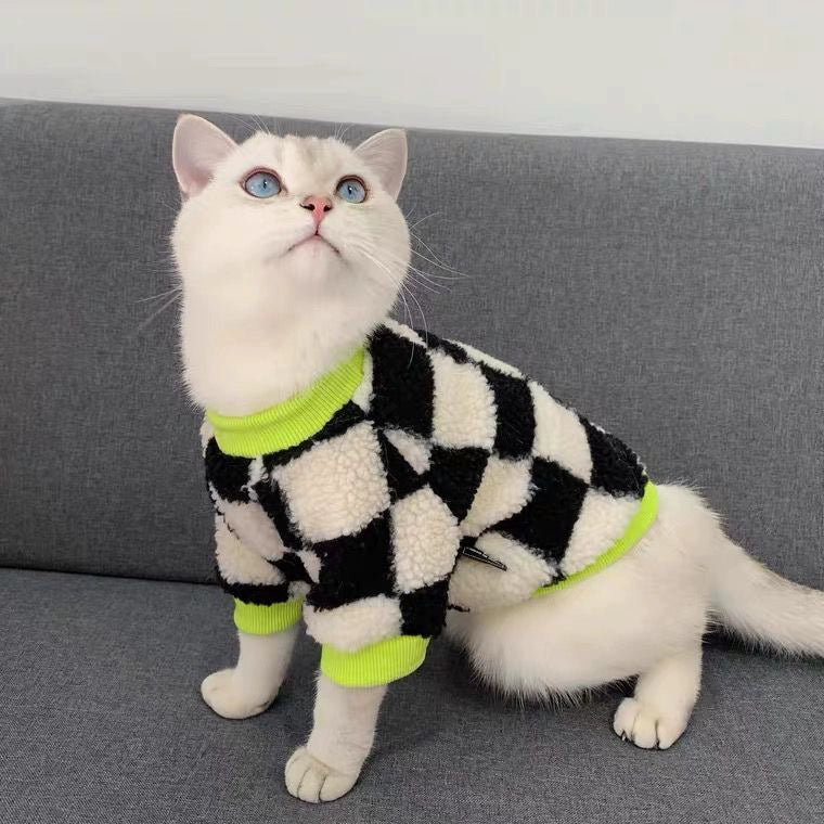 Black White Chessboard Velvet Cat Sweater for Handsome Winter Cats