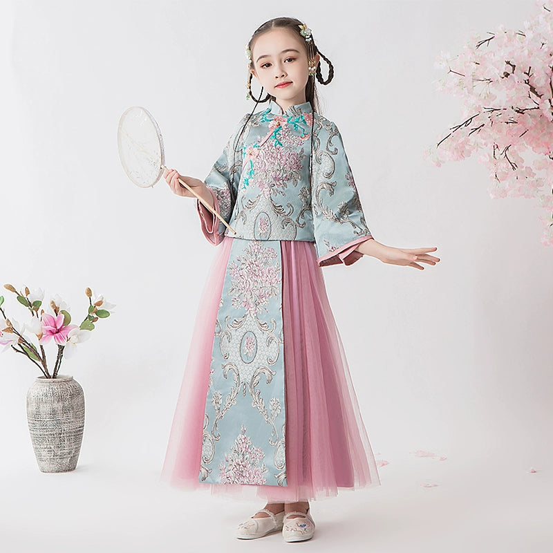Elegant Children's Long-Sleeve Hanfu Cheongsam Set: Autumn Chinese Style Suit