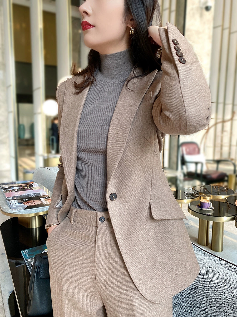 Winter Woolen Oat Coffee Women's Suit Set Loose Pants