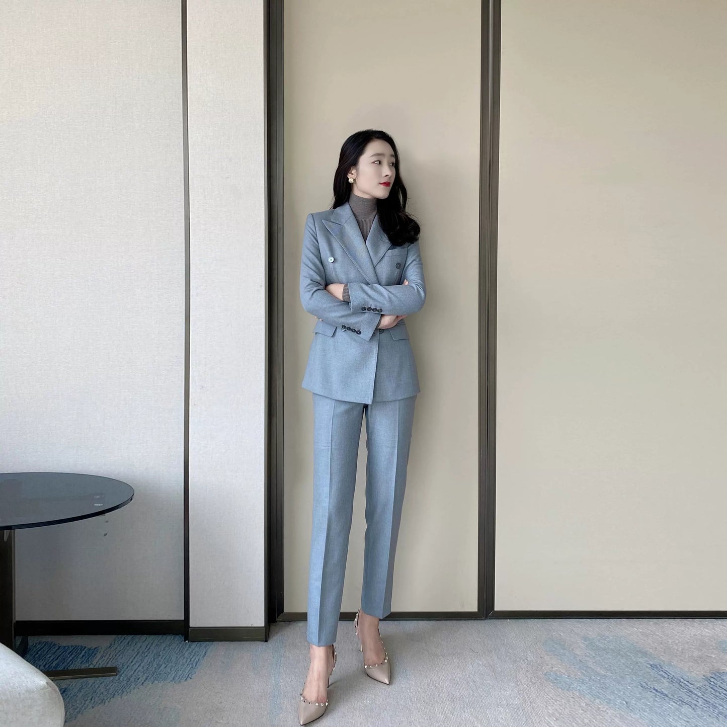 Elegant Blue Wool Suit Jacket with Tailored Winter Trousers