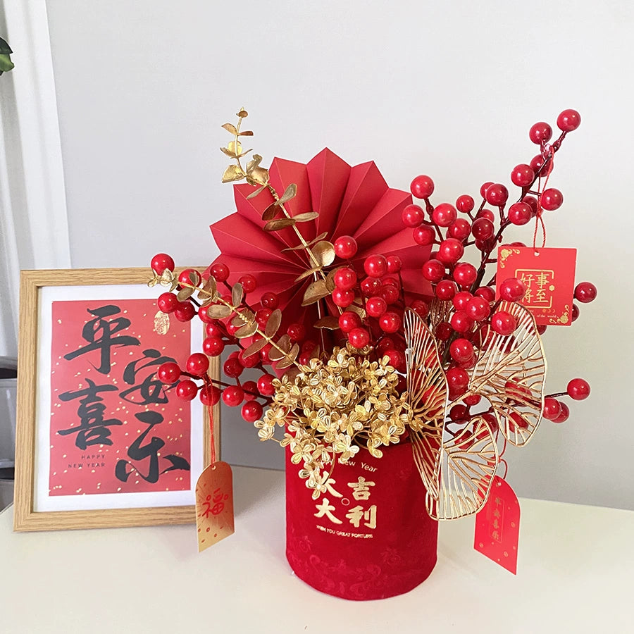Red New Year Floral Bucket Decorative Arrangement for Home