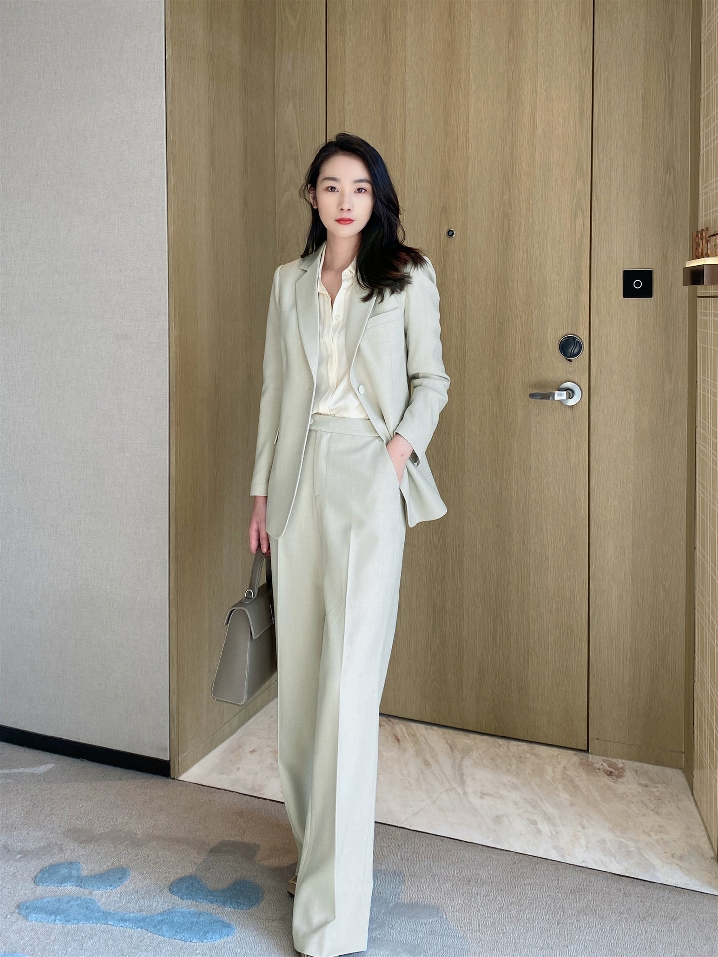 Cream Green Oversized Leisure Suit Set with Straight Trousers