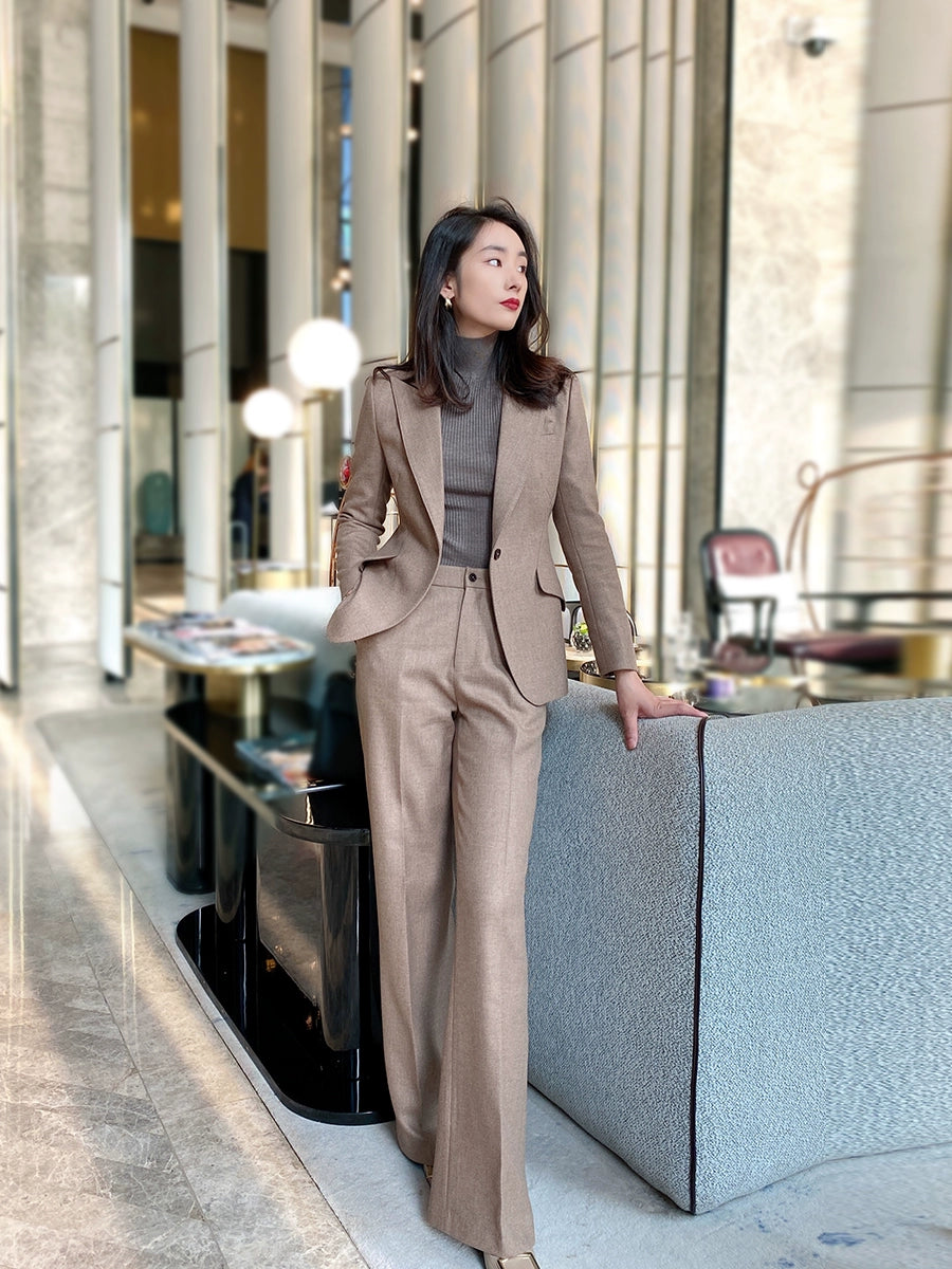 Winter Woolen Oat Coffee Women's Suit Set Loose Pants