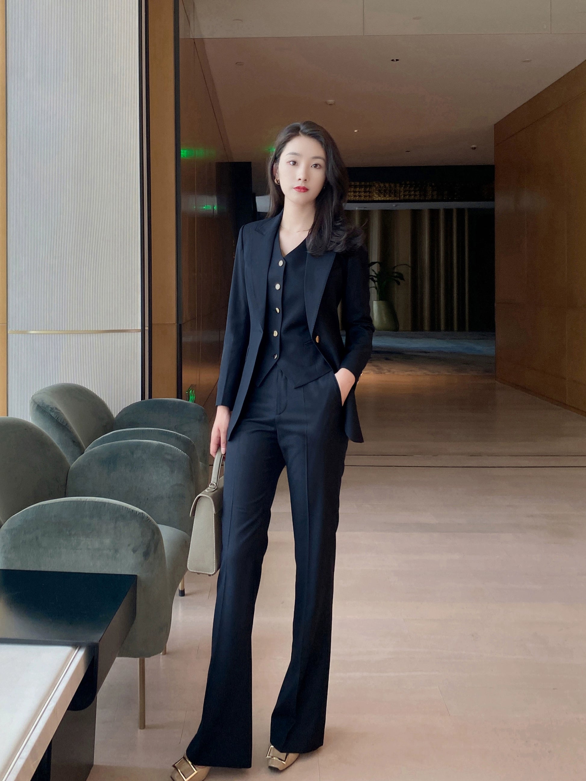 Autumn Classic Blue-Black 3-Piece Suit Set Jacket Vest Flared Trousers