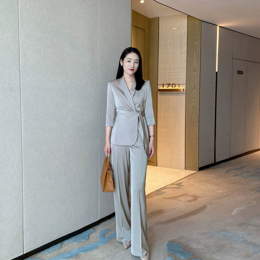 Mustard Polyester Classic Suit Jacket & Trousers Set for Women