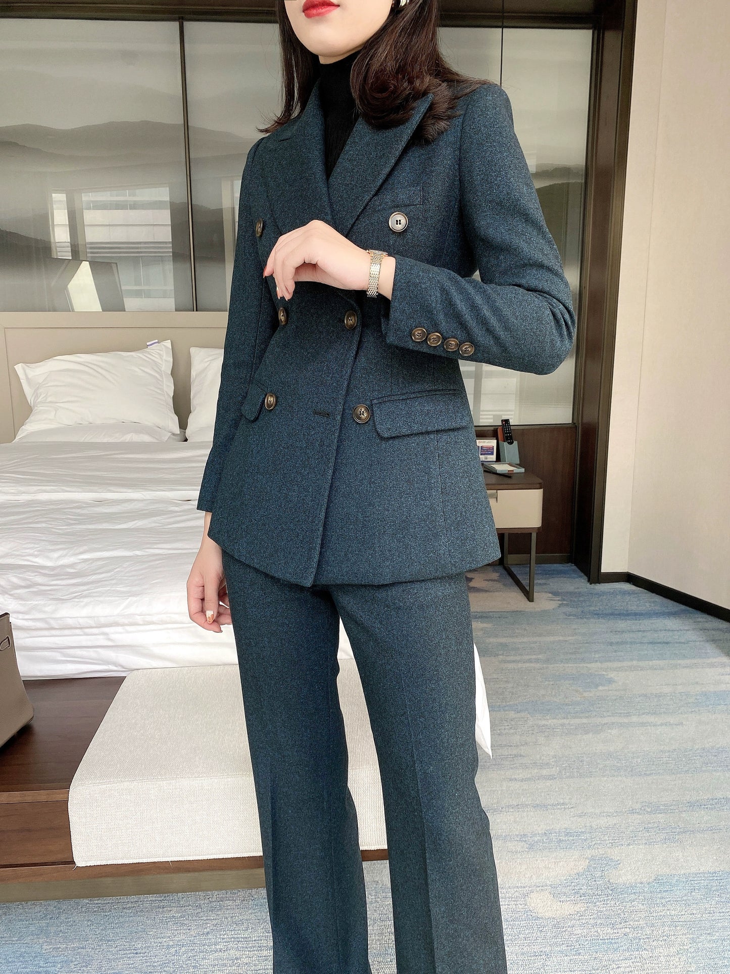 Indigo Woolen Women's Suit with Flared Trousers
