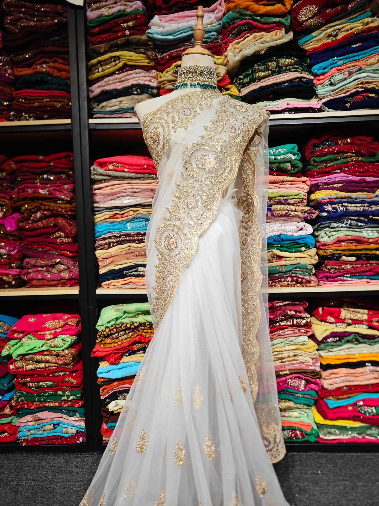 Indian White Embroidered Sari