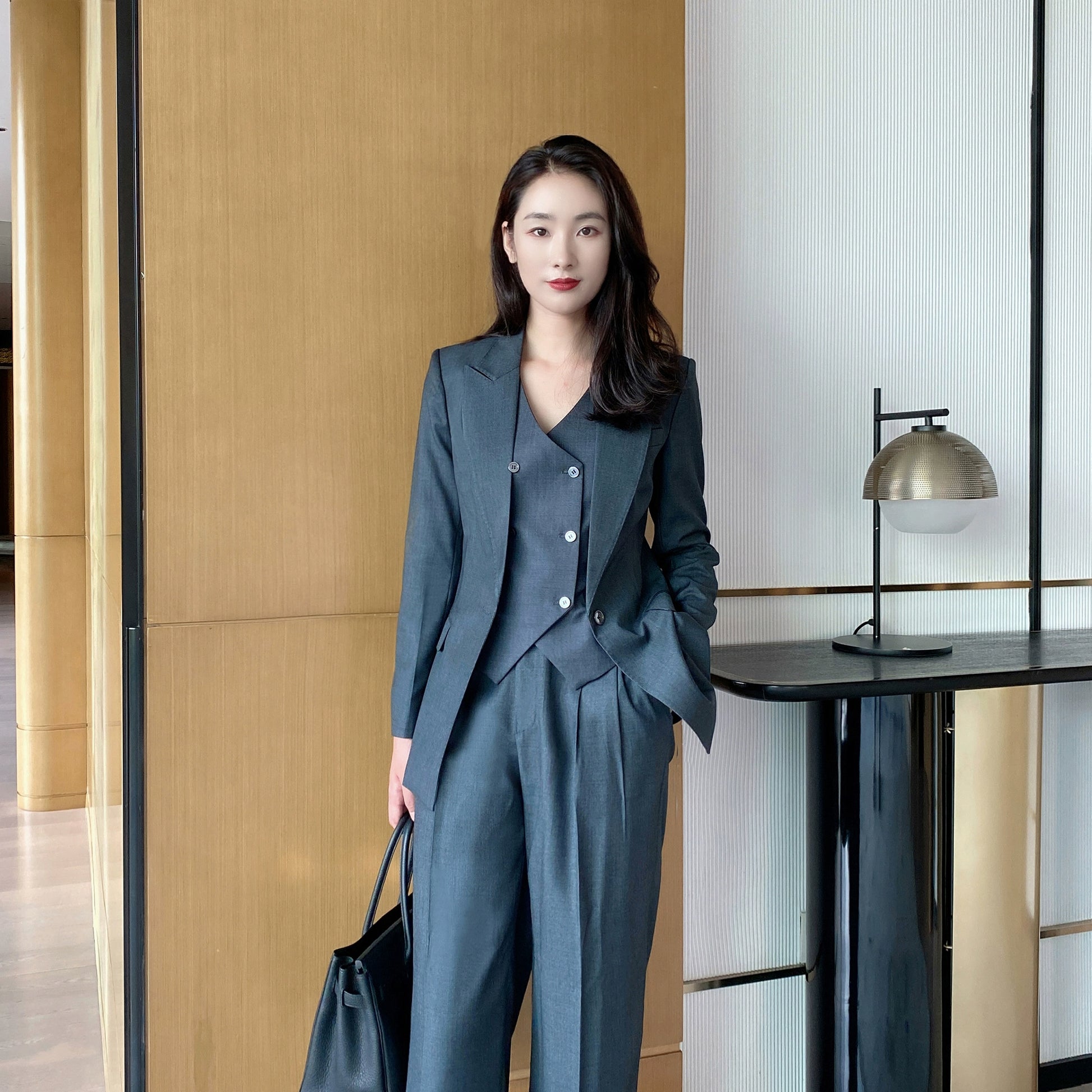 Dark Gray Slim Fit Wool 3-Piece Women's Suit Set