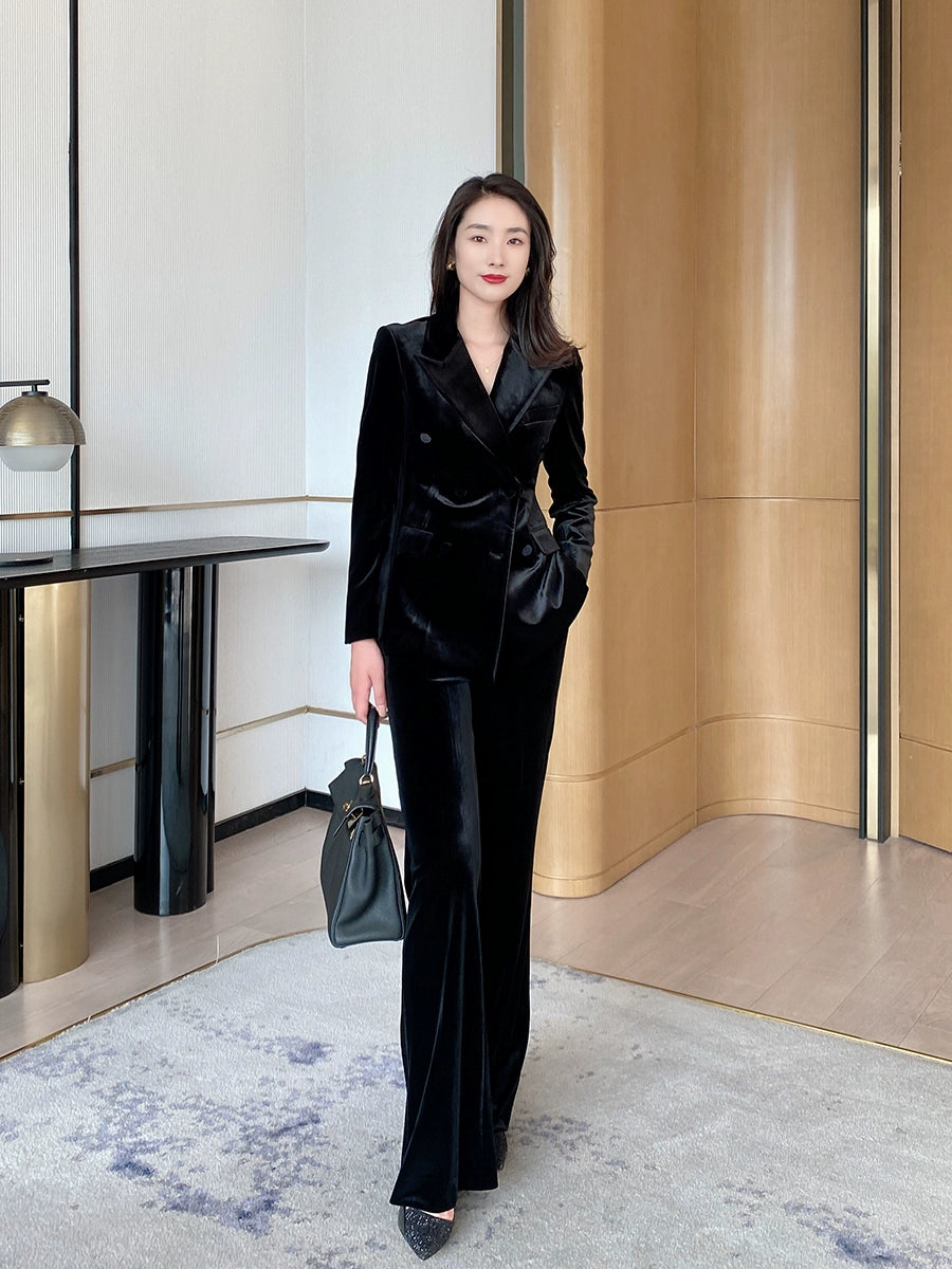 Elegant Black Velvet Demi-Season Suit with Flared Trousers