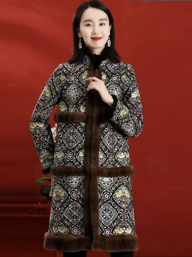 Women's Mid-Length Wool Coat With Vintage Embroidered Chinese Style