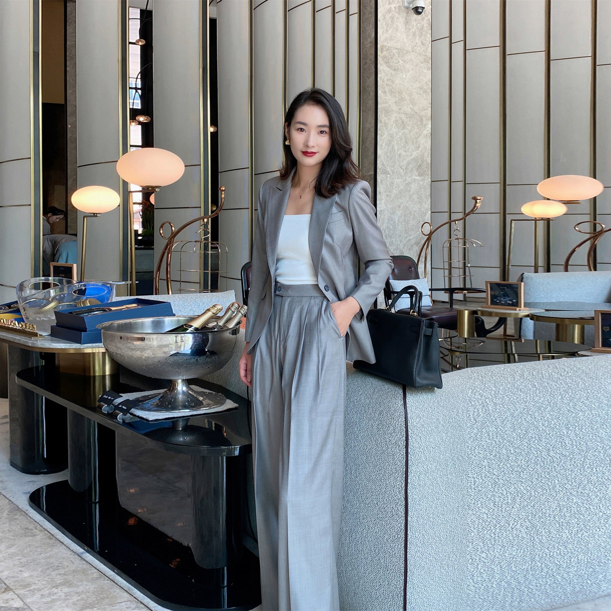 Grey Spring Autumn Unisex Classic Suit Jacket with Wide-Leg Trousers