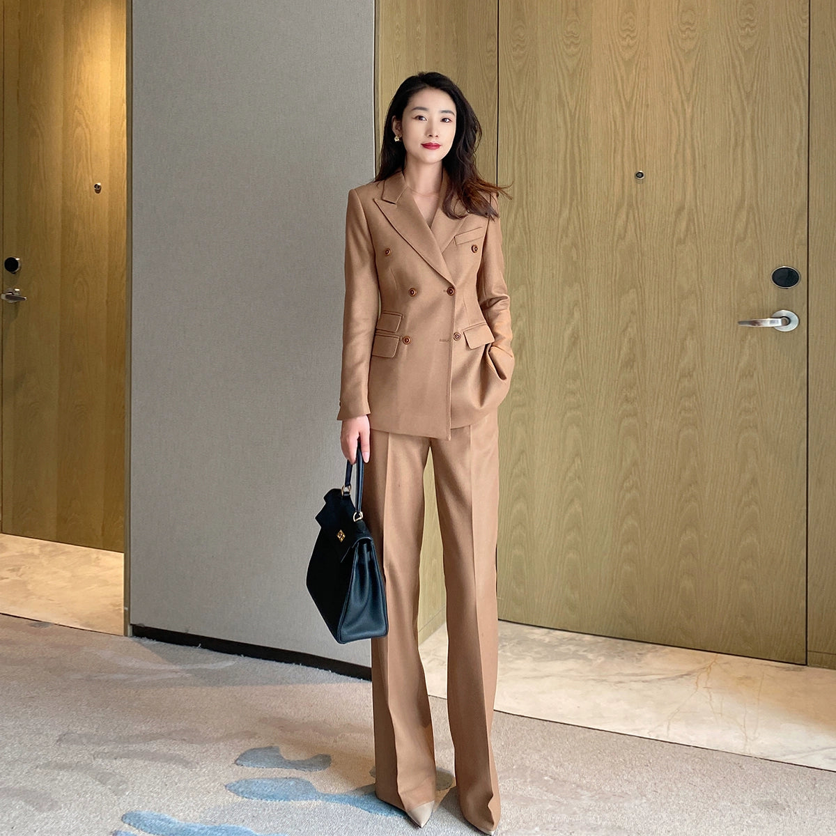 Premium Camel Wool Women’s Suit Set with Slim Fit Trousers