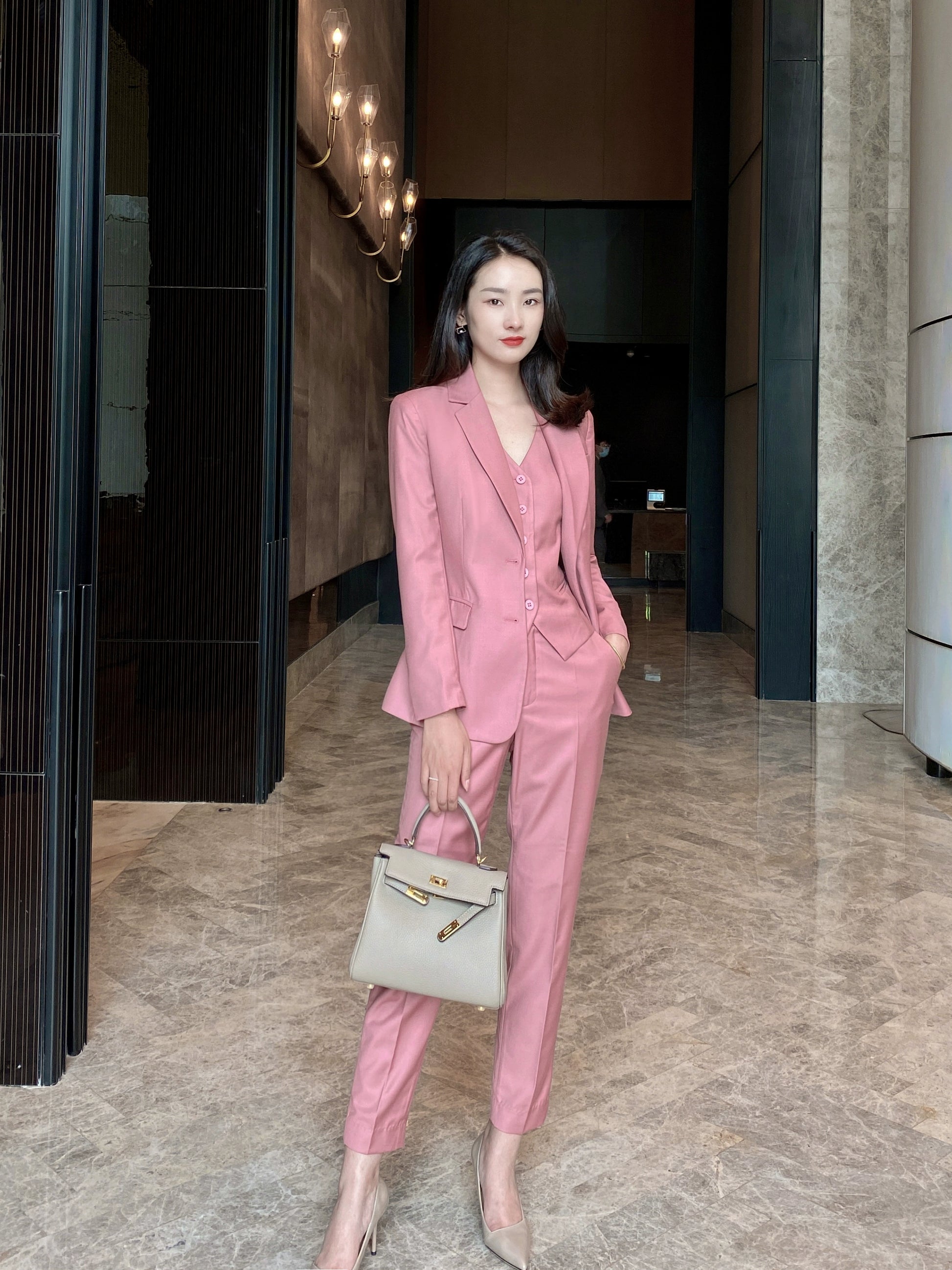Elegant Autumn Dried Rose Powder Three-Piece Suit Set