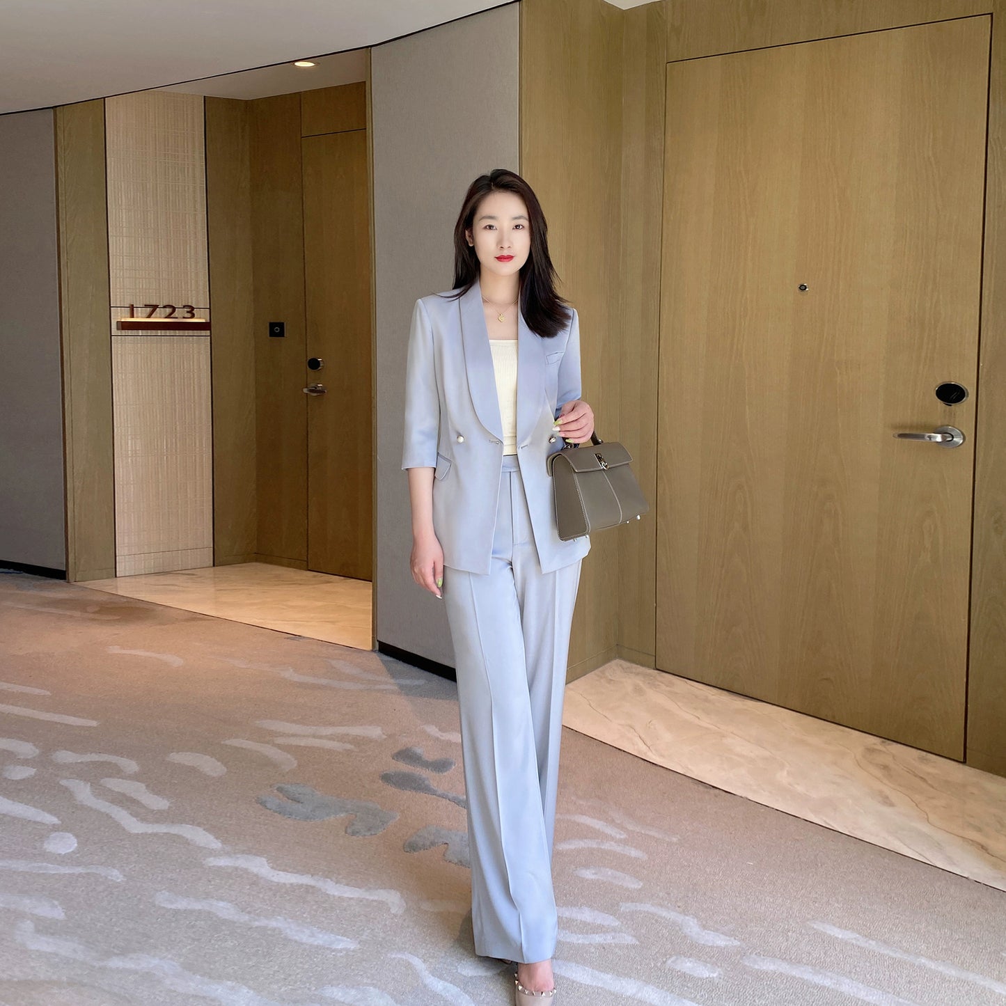 Silver Gray Summer Women's Suit Set with Loose Straight Fit