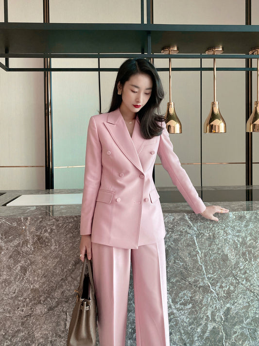 Fuchsia Classic Double-Breasted Suit with High-Waist Wide-Leg Trousers