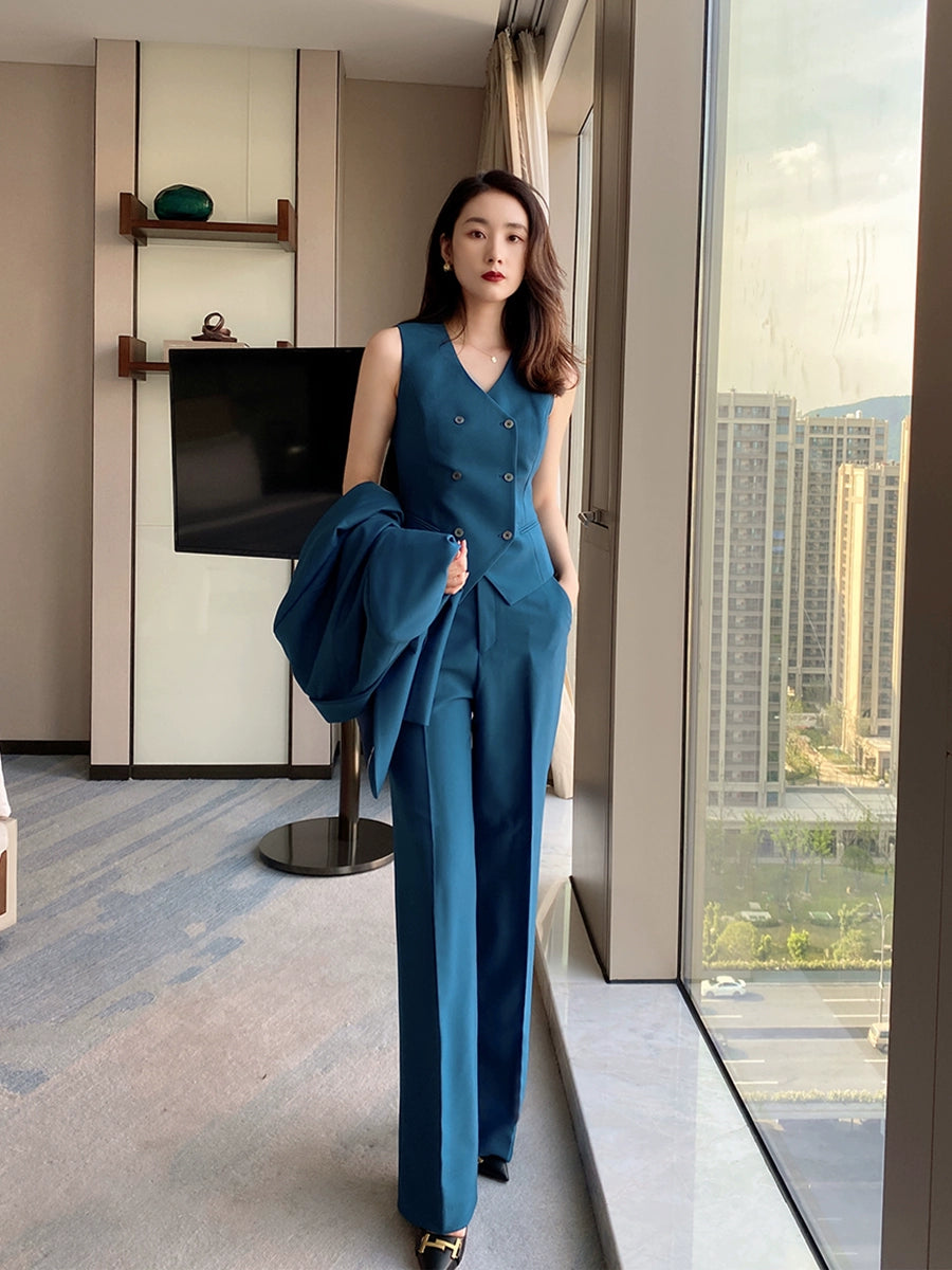 Peacock Blue Women's 3-Piece Slim Fit Suit Set