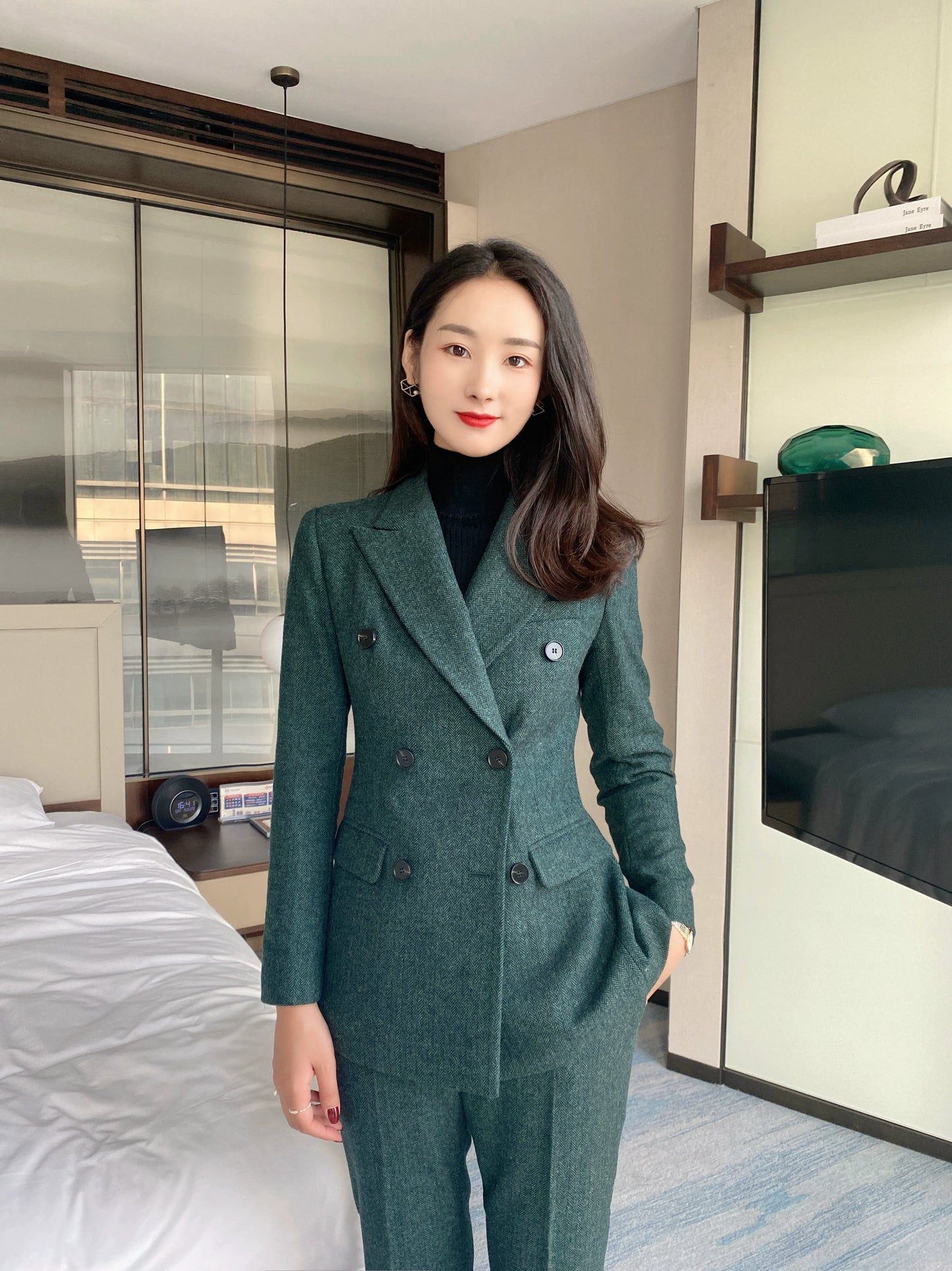 Premium Dark Green Woolen Suit Jacket & Trousers for Women
