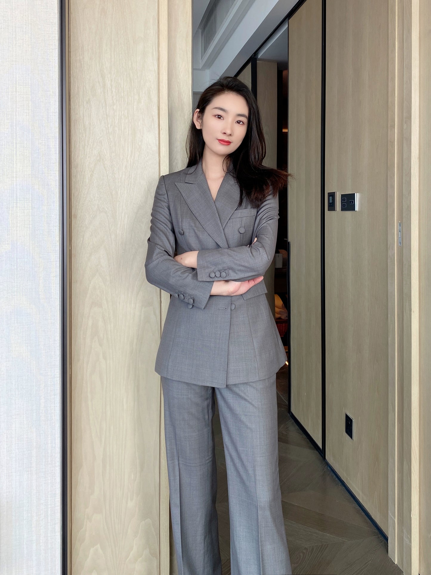Medium Gray Autumn Classic Women’s Suit Jacket and Trousers Set