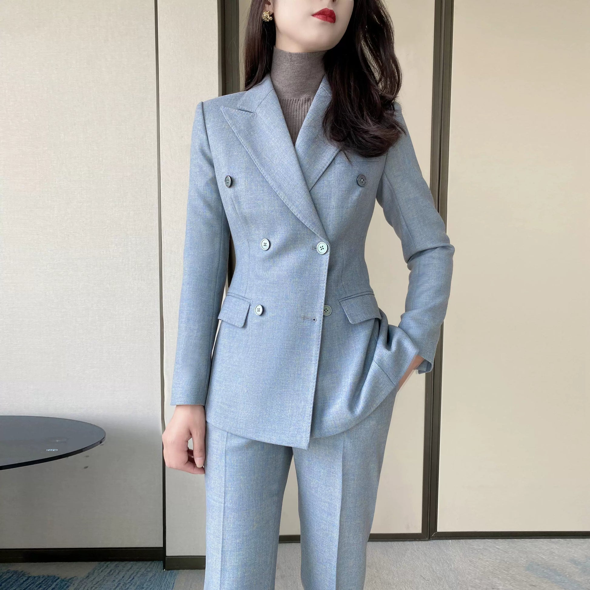 Elegant Blue Wool Suit Jacket with Tailored Winter Trousers