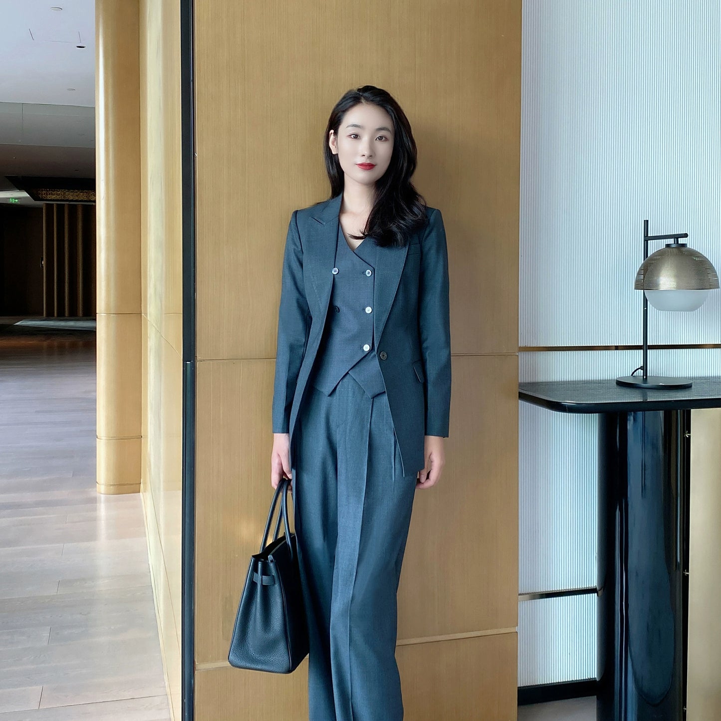 Dark Gray Slim Fit Wool 3-Piece Women's Suit Set