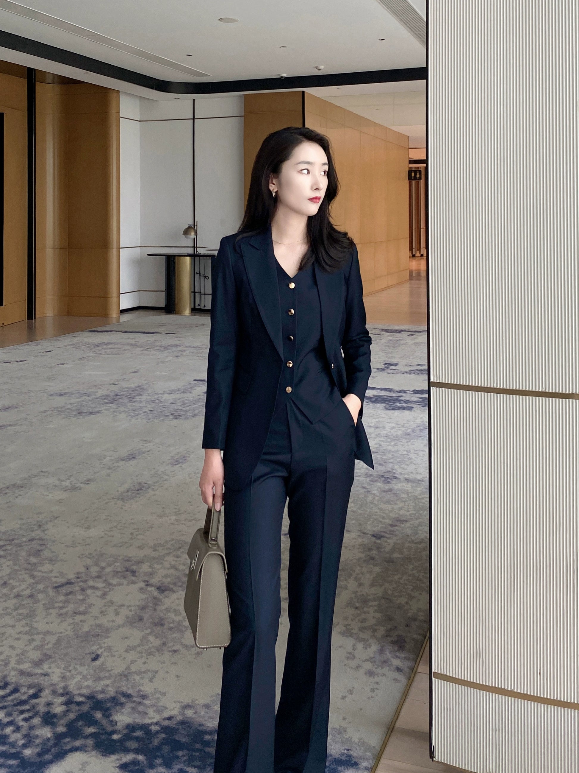 Autumn Classic Blue-Black 3-Piece Suit Set Jacket Vest Flared Trousers