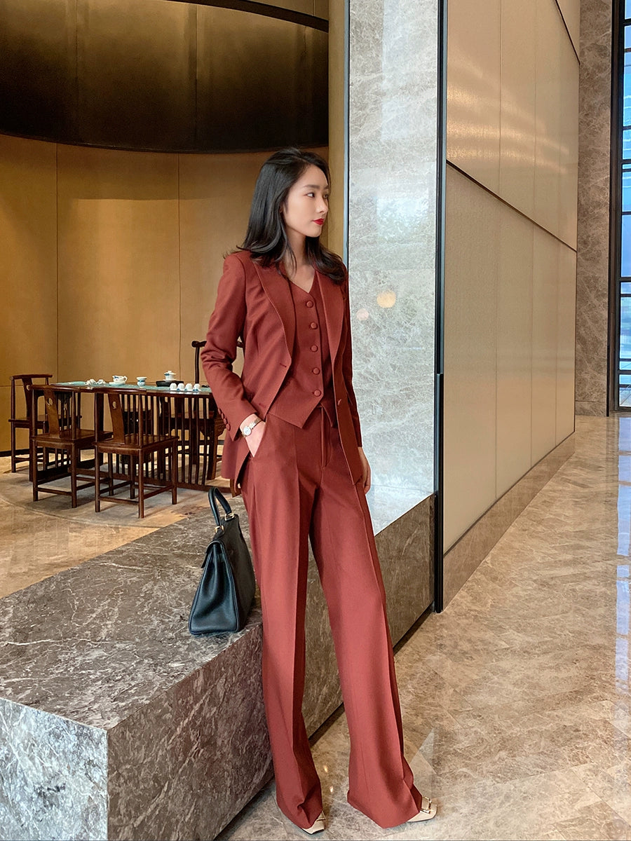 Elegant Burgundy 3-Piece Women's Suit Set with Vest and Trousers