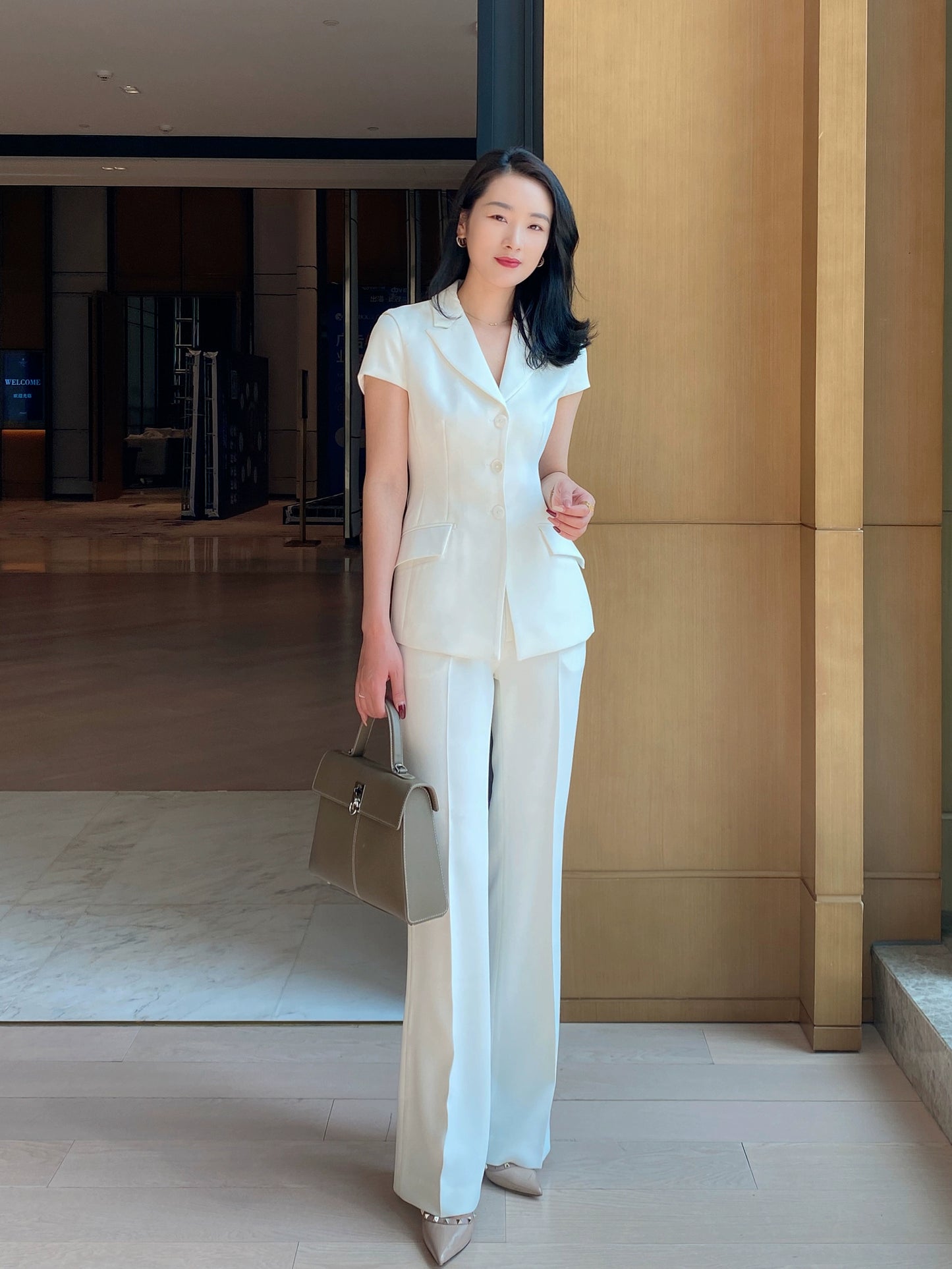 White Flared Summer Trousers with Short Sleeve Blouse