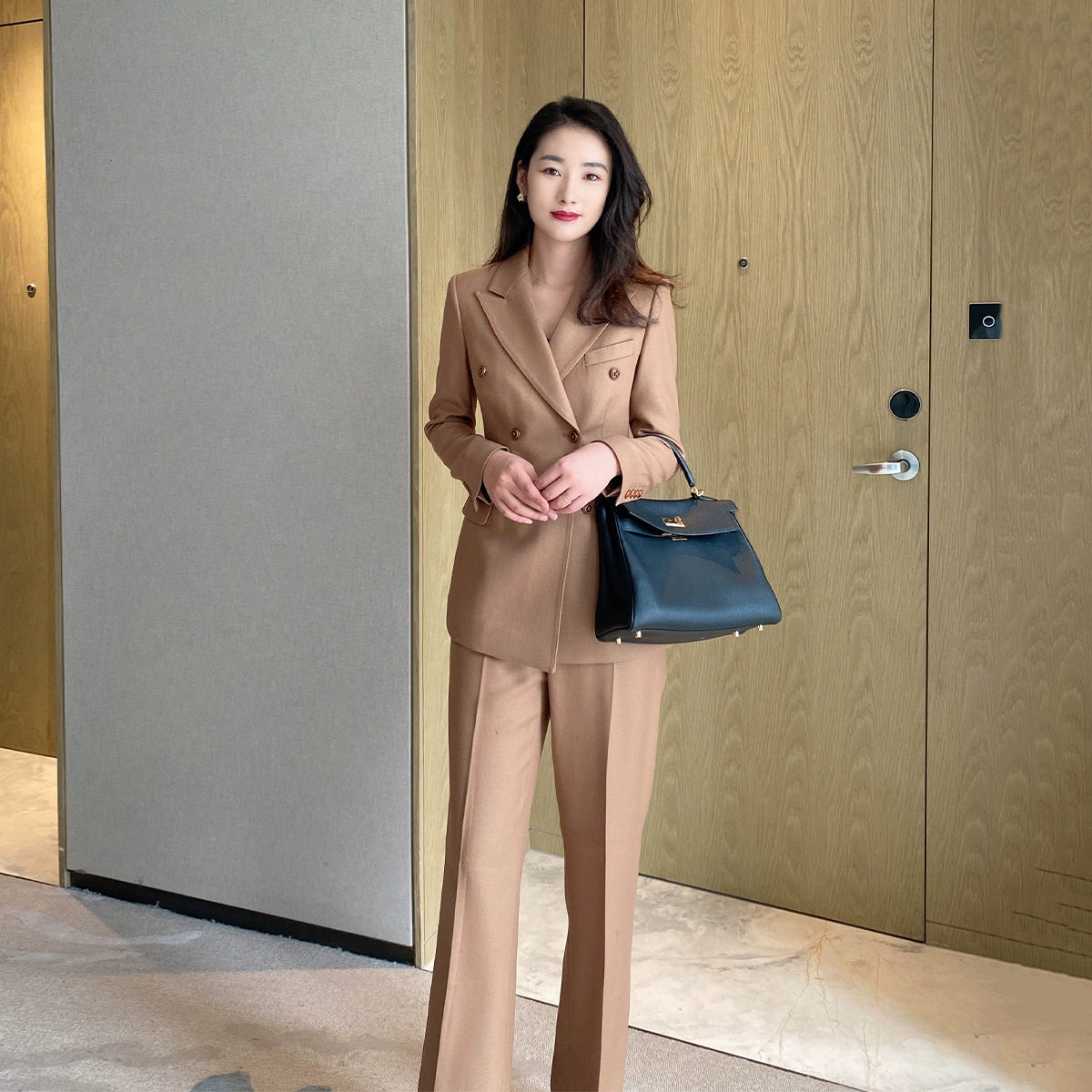 Premium Camel Wool Women’s Suit Set with Slim Fit Trousers