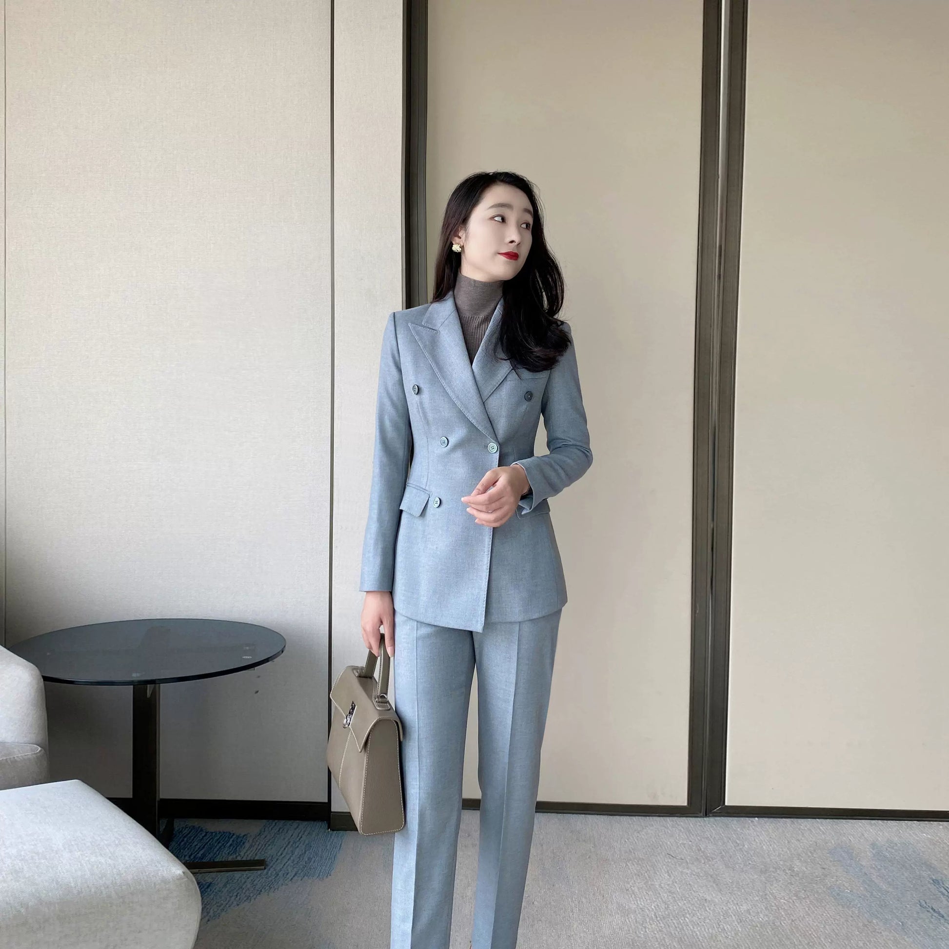 Elegant Blue Wool Suit Jacket with Tailored Winter Trousers