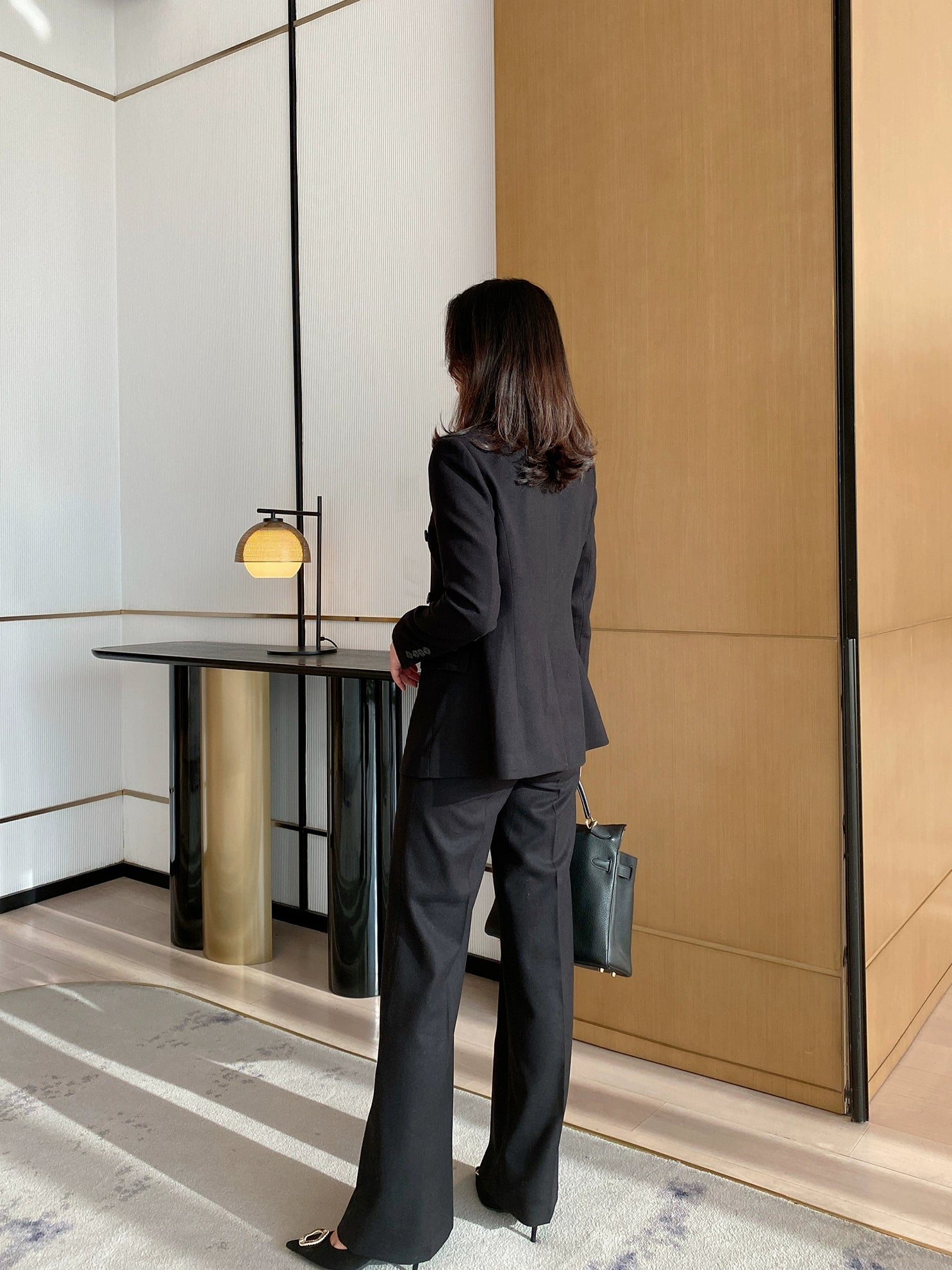 Women's Demi-Season Woolen Suit Jacket & Trousers Set Classic Black