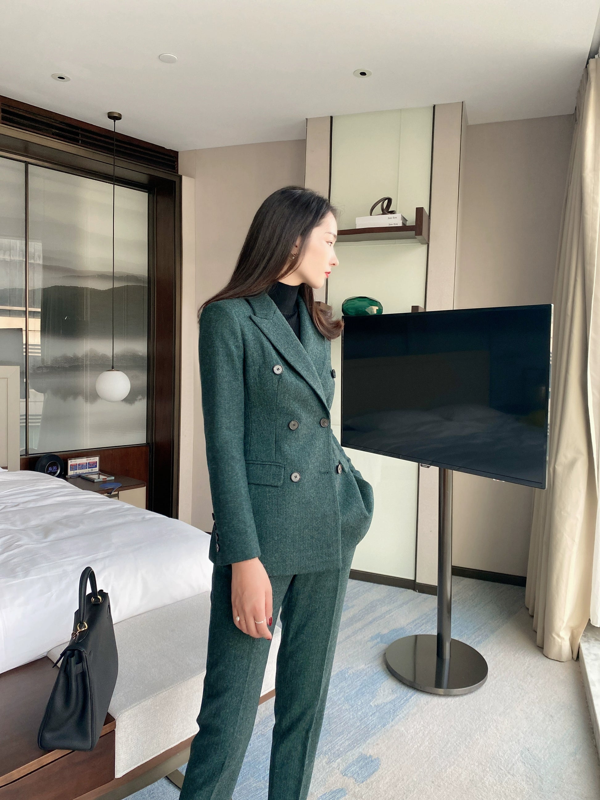 Premium Dark Green Woolen Suit Jacket & Trousers for Women