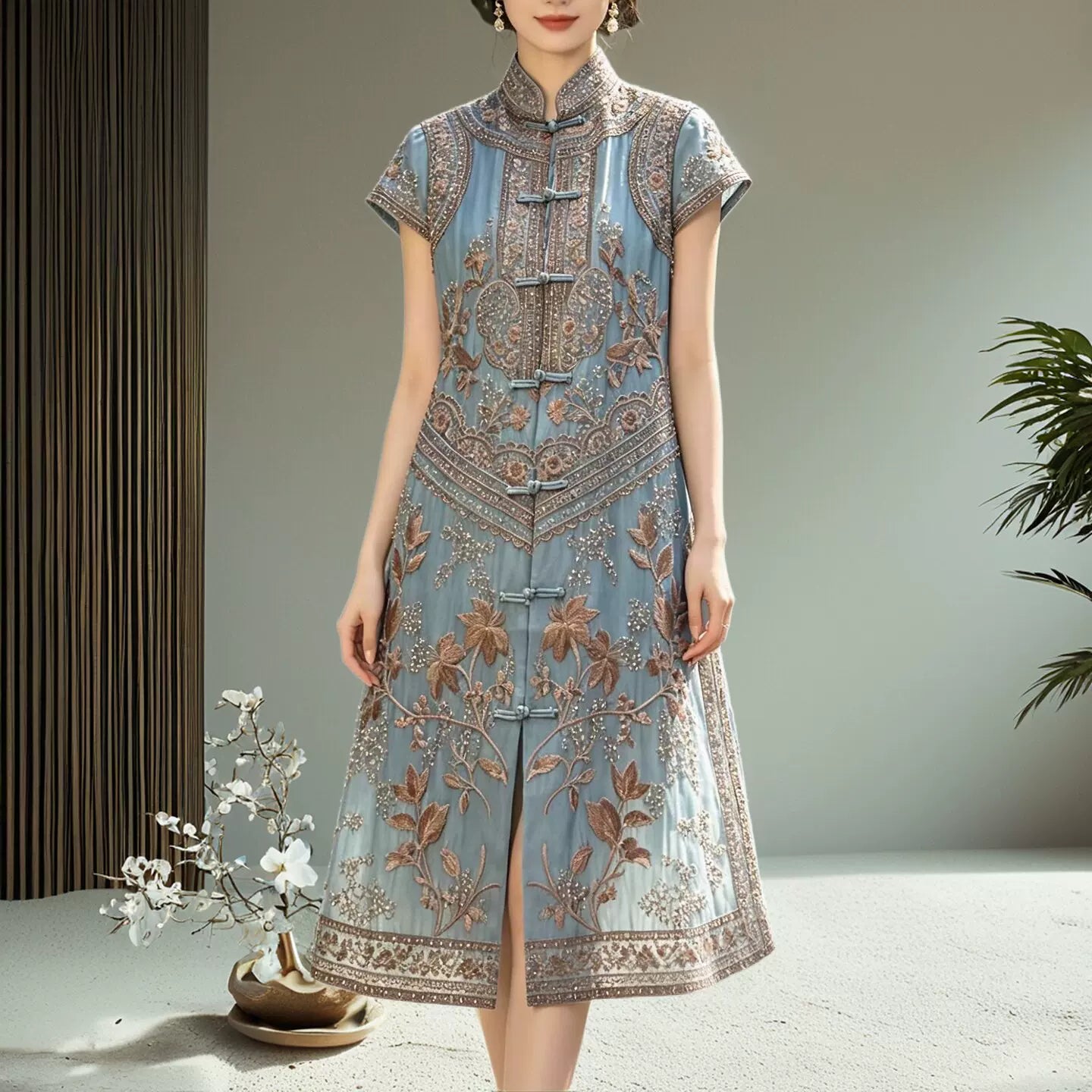 Women's Modern Chinese Qipao Dress with Hand Embroidery