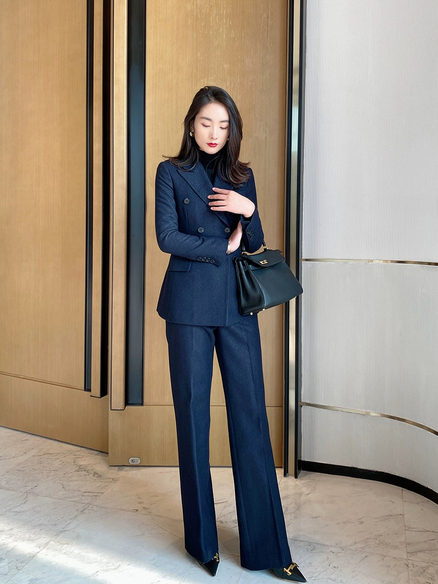 Premium Demi-Season Woolen Black Straight-Leg Trousers for Women